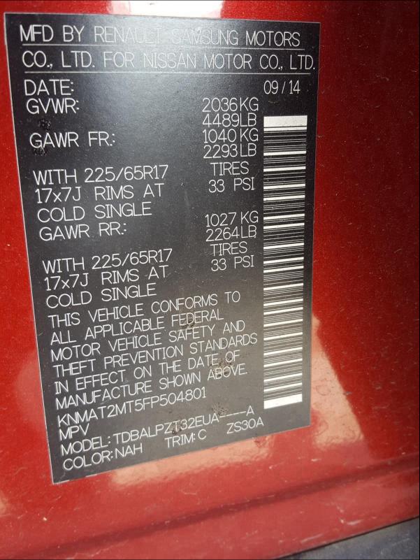 KNMAT2MT5FP504801 2015 NISSAN ROGUE S