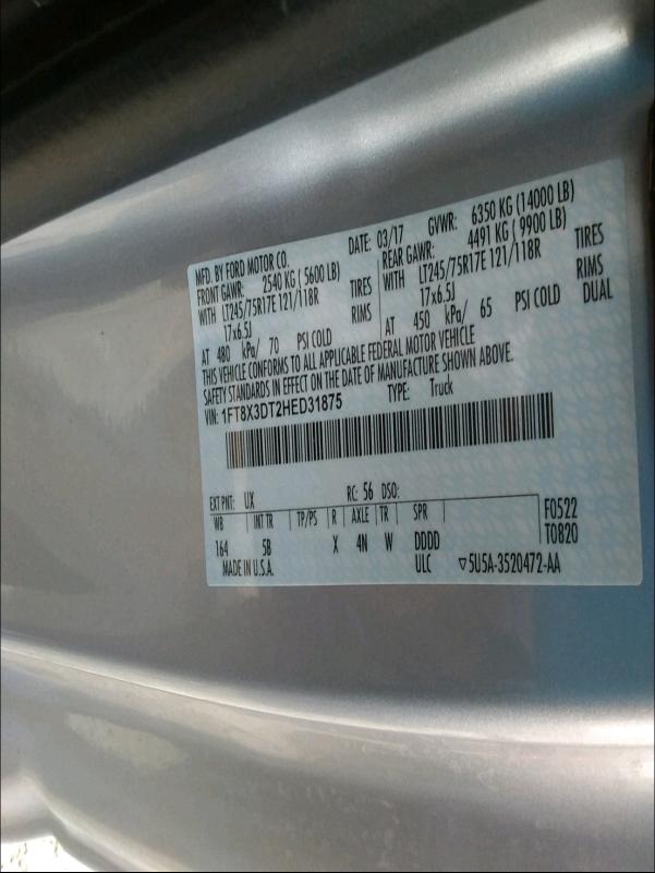 1FT8X3DT2HED31875 2017 FORD F350 SUPER DUTY