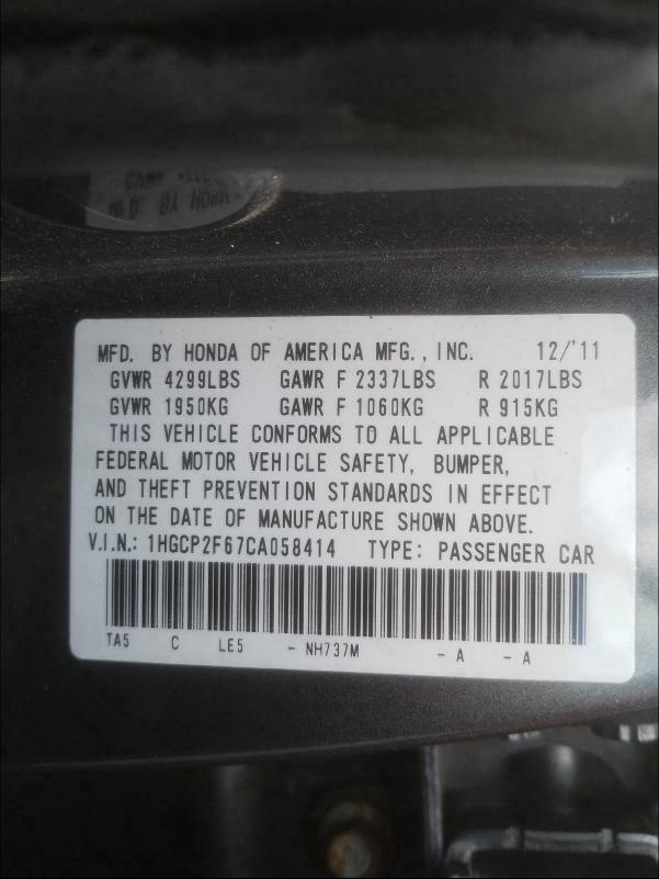 1HGCP2F67CA058414 2012 HONDA ACCORD SE