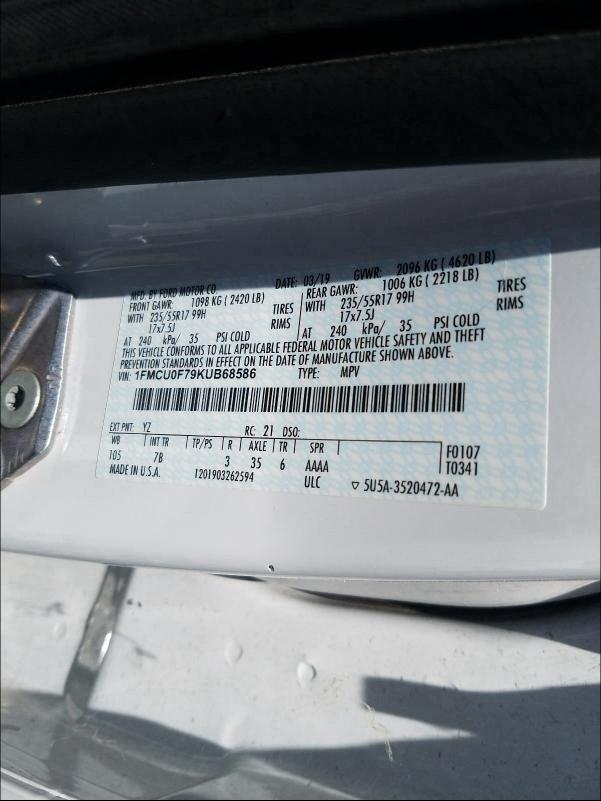 2019 FORD ESCAPE S 1FMCU0F79KUB68586