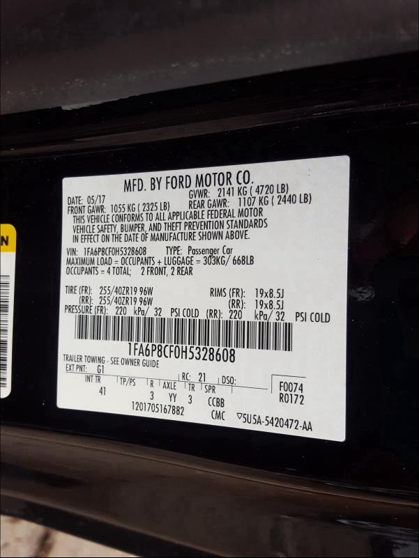 1FA6P8CF0H5328608 2017 FORD MUSTANG GT