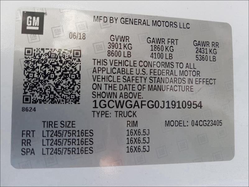 2018 CHEVROLET EXPRESS G2 1GCWGAFG0J1910954