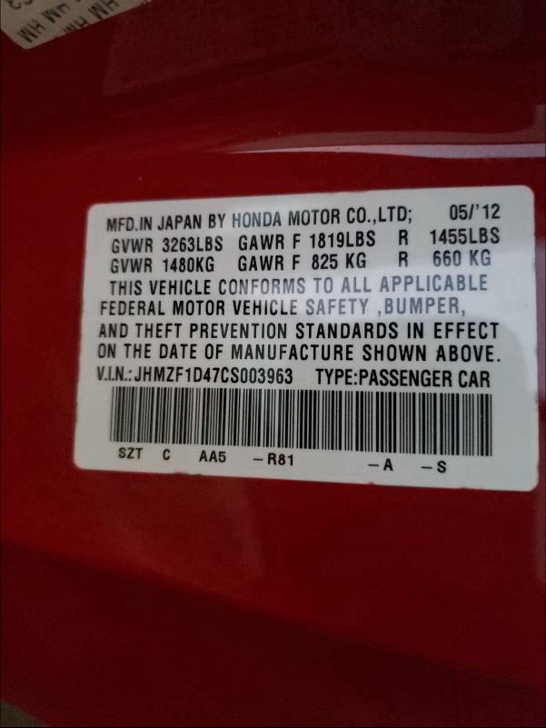 2012 HONDA CR-Z JHMZF1D47CS003963