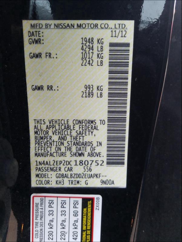 2013 NISSAN ALTIMA S 1N4AL2EP2DC180752