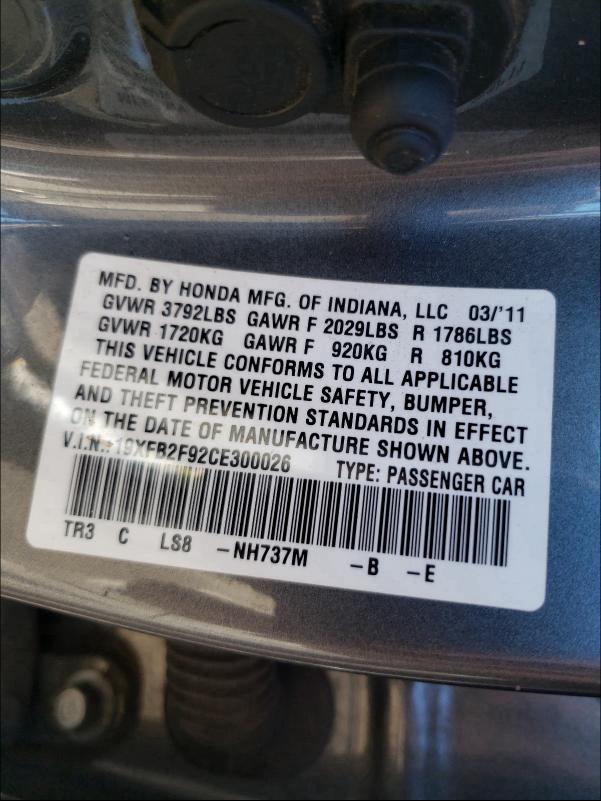 2012 HONDA CIVIC EXL 19XFB2F92CE300026