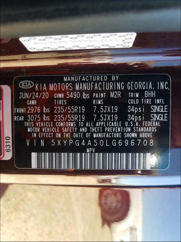 2020 KIA SORENTO S 5XYPG4A50LG696708