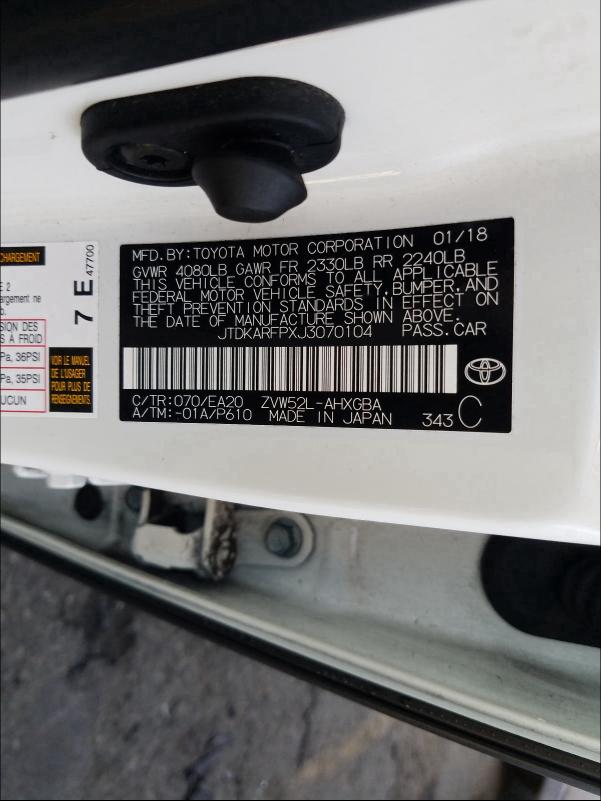 2018 TOYOTA PRIUS PRIM - JTDKARFPXJ3070104
