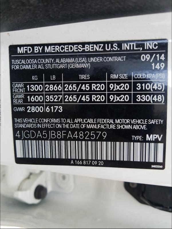 2015 MERCEDES-BENZ ML 350 4JGDA5JB8FA482579