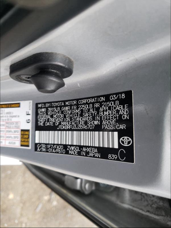 JTDKBRFU3J3596707 2018 Toyota Prius 1.8L