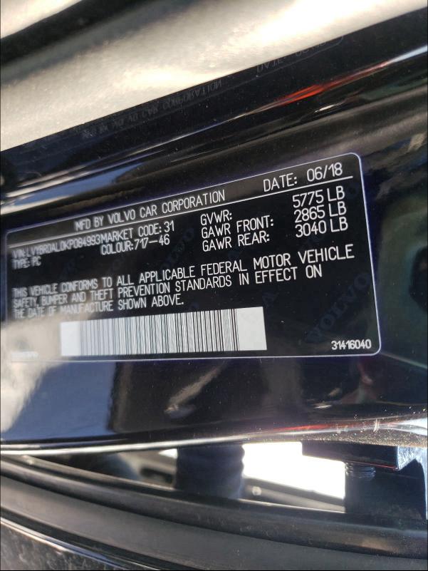 2019 VOLVO S90 T8 INS LVYBR0AL0KP084993