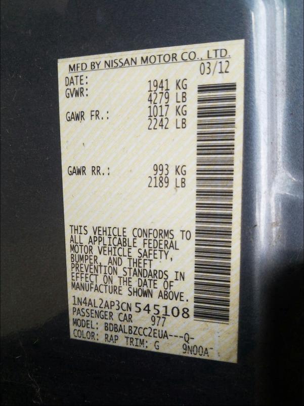 2012 NISSAN ALTIMA BAS 1N4AL2AP3CN545108