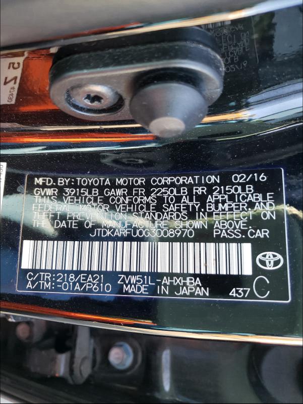 2016 TOYOTA PRIUS - JTDKARFU0G3008970