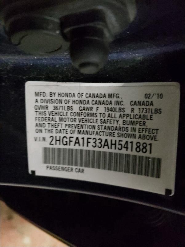 2010 HONDA CIVIC VP 2HGFA1F33AH541881