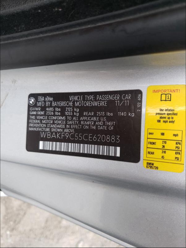 2012 BMW 335 XI WBAKF9C55CE620883