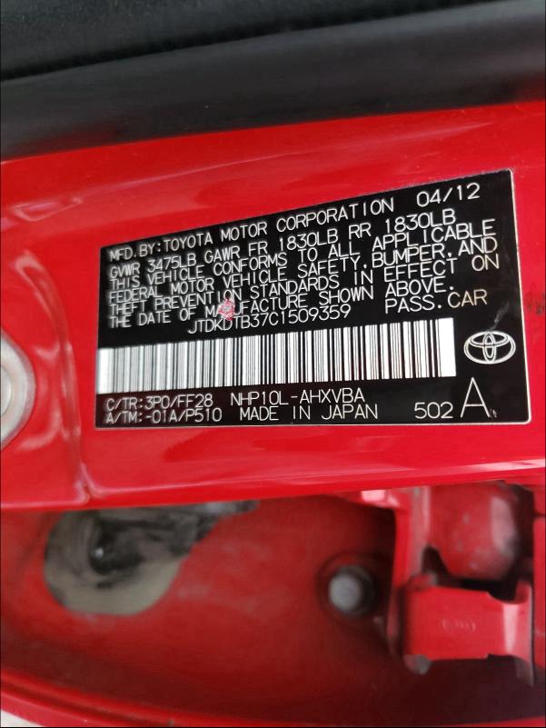 2012 TOYOTA PRIUS C JTDKDTB37C1509359