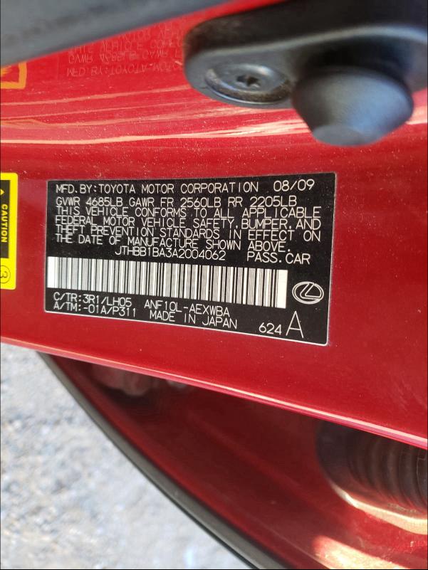 2010 LEXUS HS 250H JTHBB1BA3A2004062