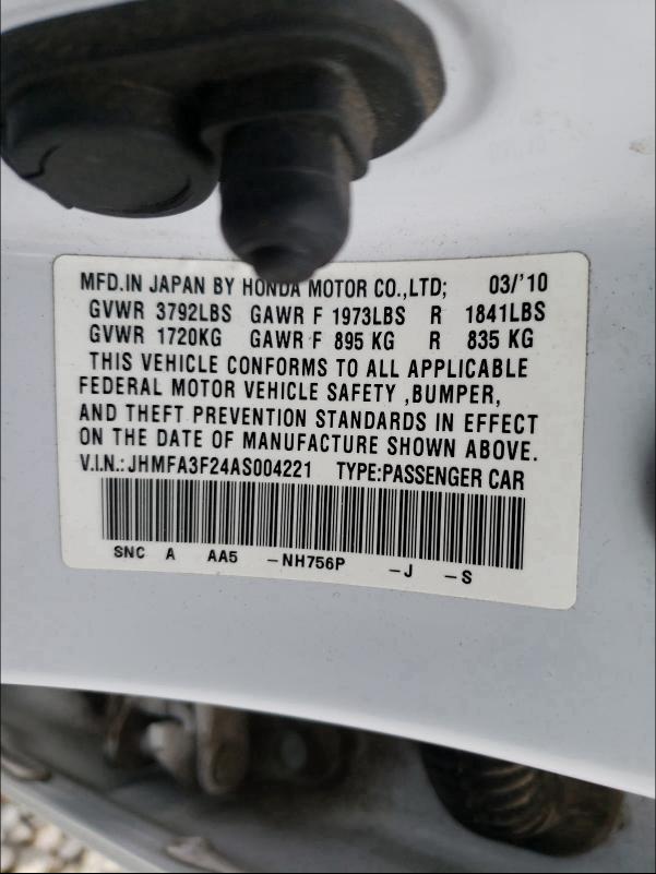2010 HONDA CIVIC HYBR JHMFA3F24AS004221