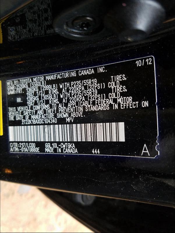 2013 LEXUS RX 350 2T2ZK1BAXDC104340