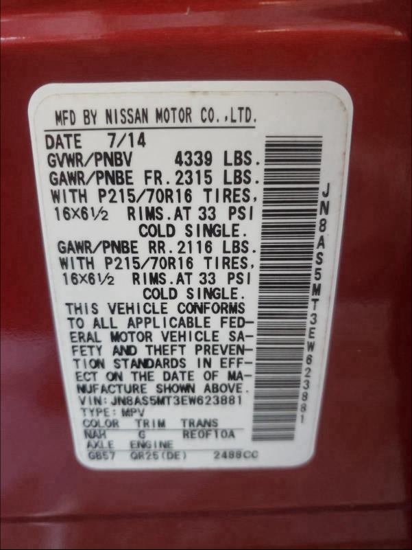 2014 NISSAN ROGUE SELE JN8AS5MT3EW623881