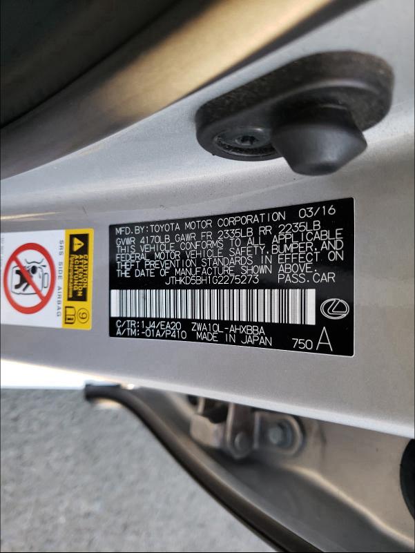 2016 LEXUS CT 200 JTHKD5BH1G2275273