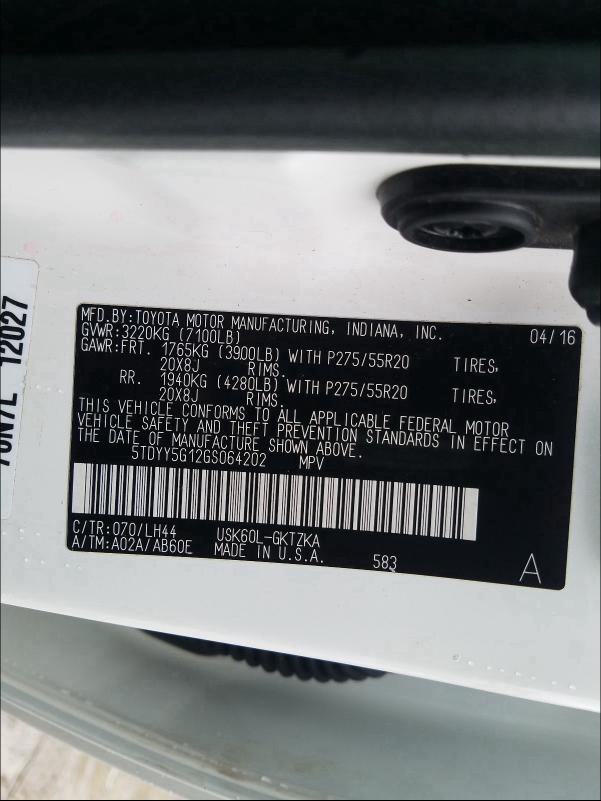 2016 TOYOTA SEQUOIA PL 5TDYY5G12GS064202