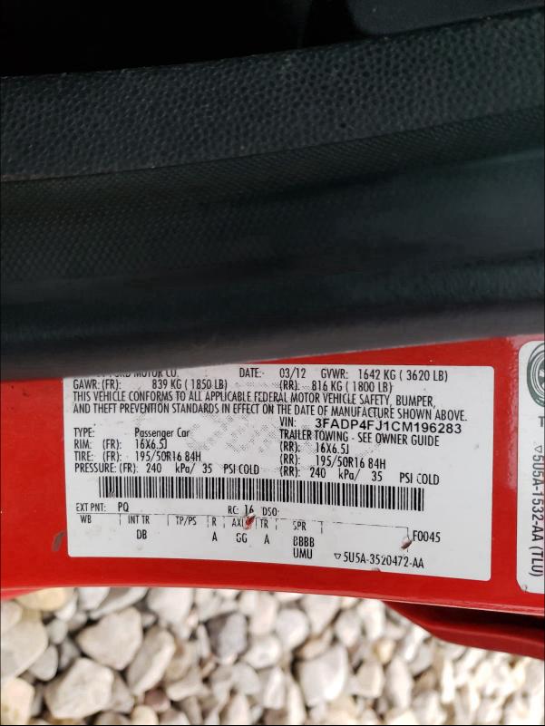 2012 FORD FIESTA SES 3FADP4FJ1CM196283