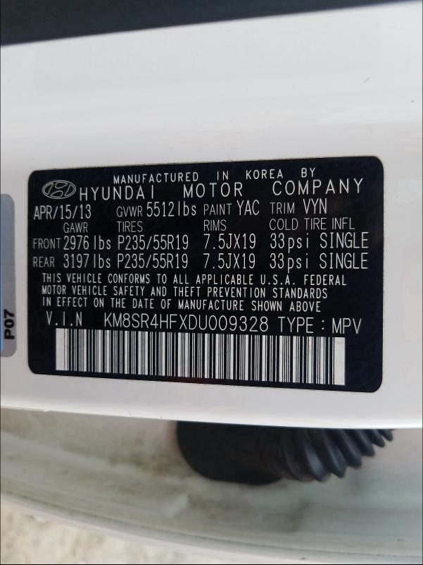 KM8SR4HFXDU009328 2013 Hyundai Santa Fe L 3.3L
