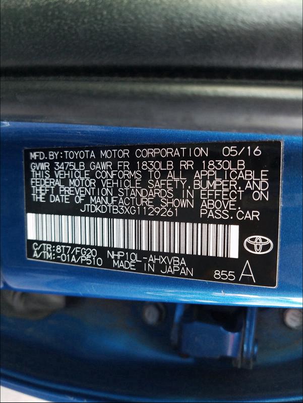 2016 TOYOTA PRIUS C JTDKDTB3XG1129261