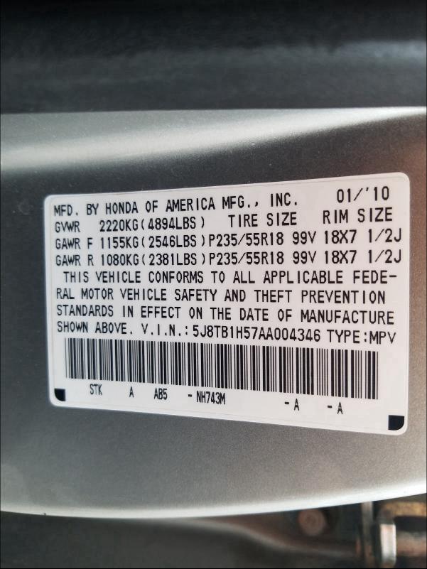 2010 ACURA RDX TECHNO 5J8TB1H57AA004346