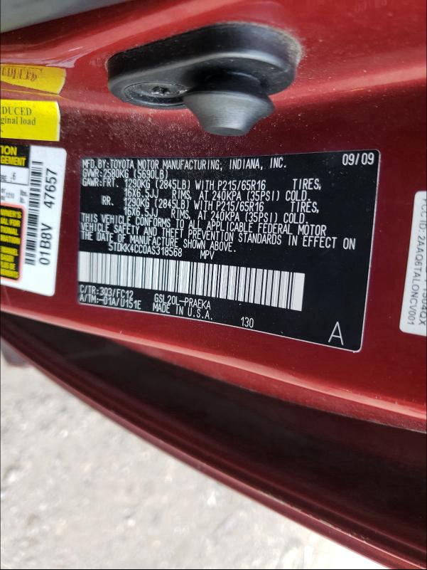2010 TOYOTA SIENNA CE 5TDKK4CC0AS318568