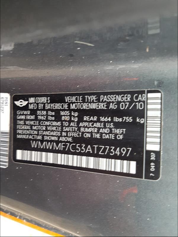 2010 MINI COOPER S WMWMF7C53ATZ73497