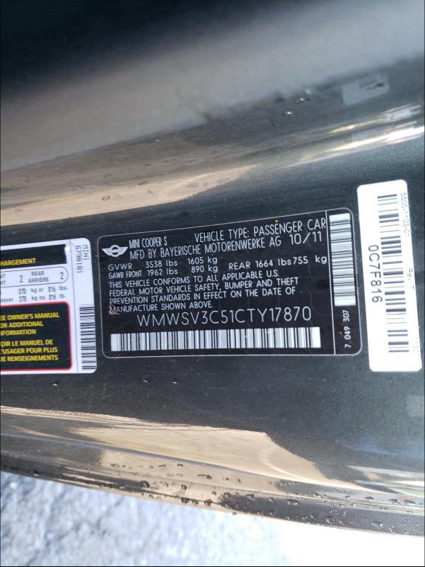 2012 MINI COOPER S WMWSV3C51CTY17870