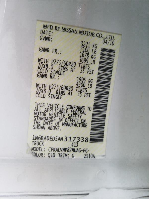 2010 NISSAN TITAN XE 1N6BA0ED5AN317338