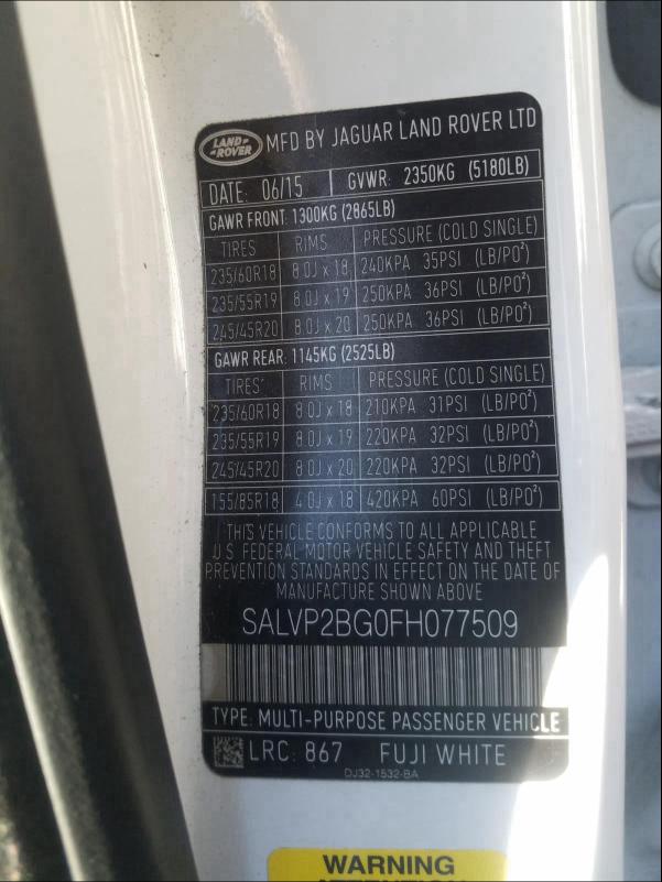 2015 LAND ROVER RANGE ROVE - SALVP2BG0FH077509