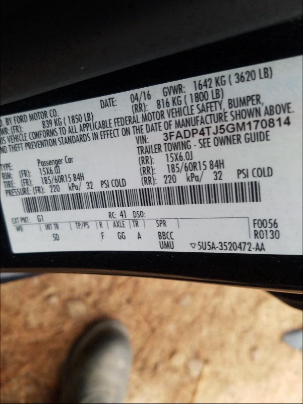2016 FORD FIESTA S 3FADP4TJ5GM170814
