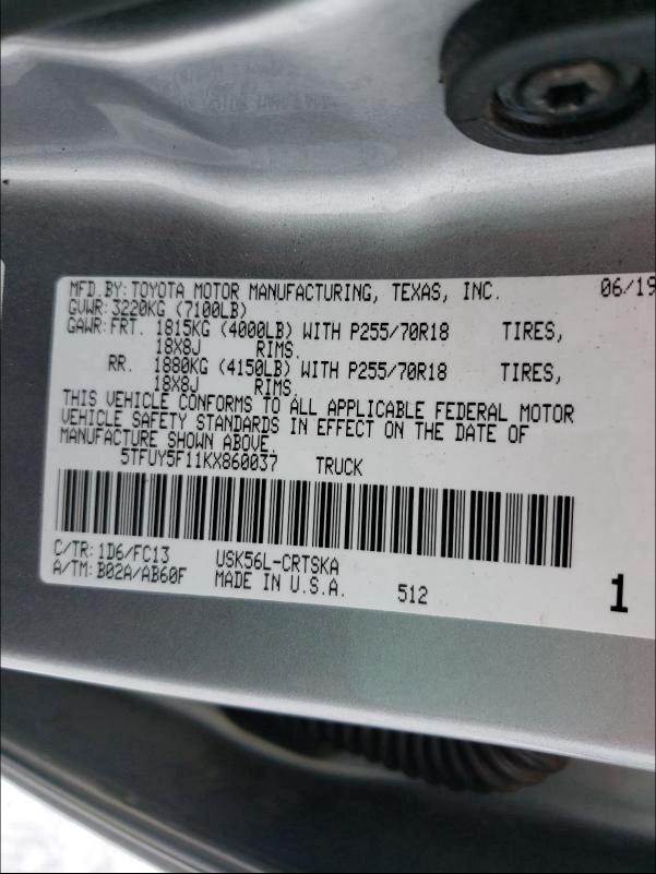 2019 TOYOTA TUNDRA DOU 5TFUY5F11KX860037