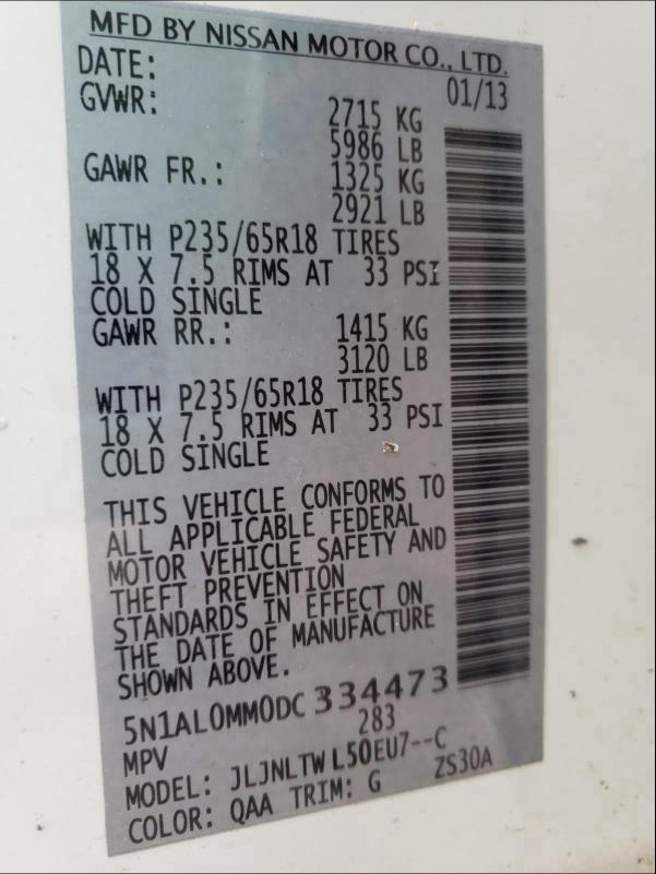 2013 INFINITI JX35 5N1AL0MM0DC334473