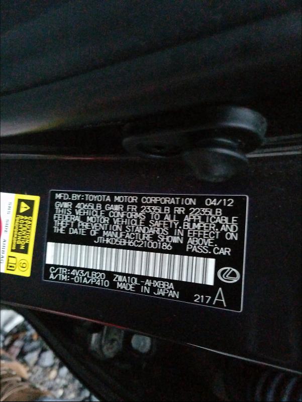 2012 LEXUS CT 200 JTHKD5BH6C2100186