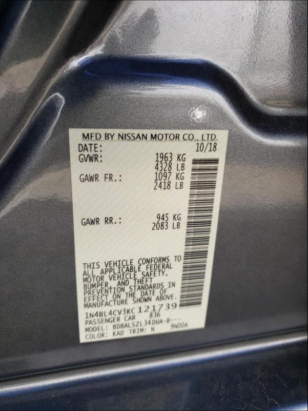 2019 NISSAN ALTIMA SR 1N4BL4CV3KC121739
