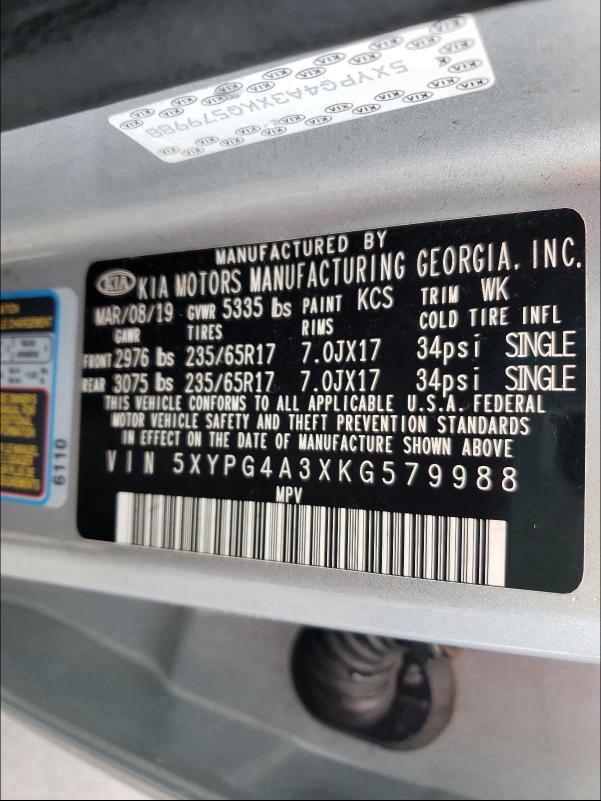 2019 KIA SORENTO L - 5XYPG4A3XKG579988