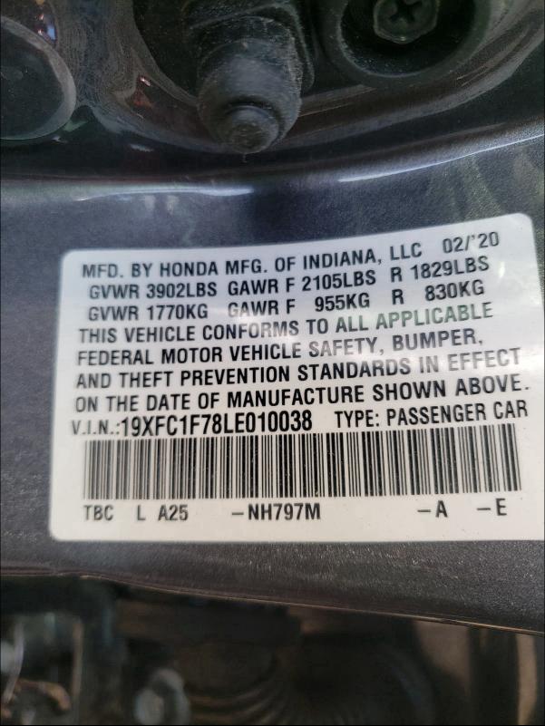 2020 HONDA CIVIC EXL 19XFC1F78LE010038