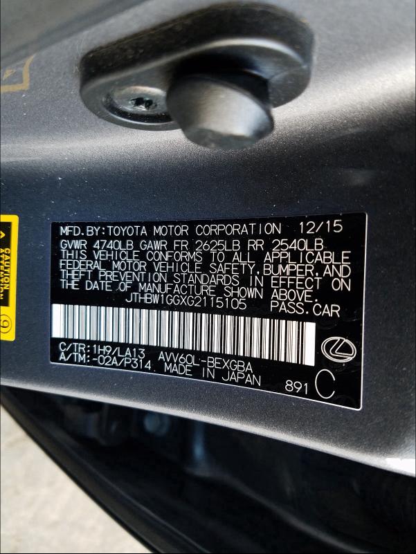 2016 LEXUS ES 300H JTHBW1GGXG2115105
