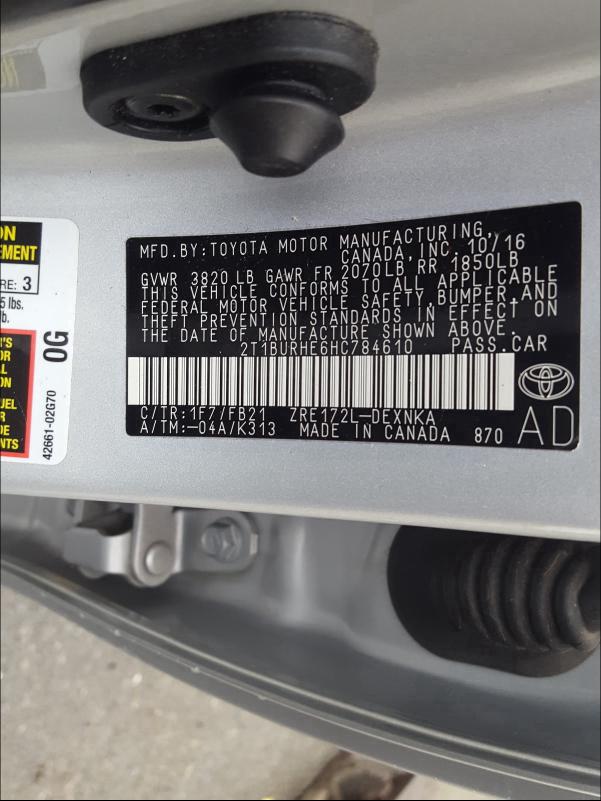 2017 TOYOTA COROLLA L - 2T1BURHE6HC784610