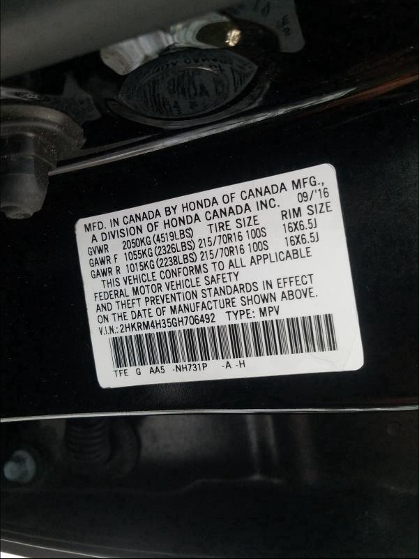2016 HONDA CR-V LX 2HKRM4H35GH706492