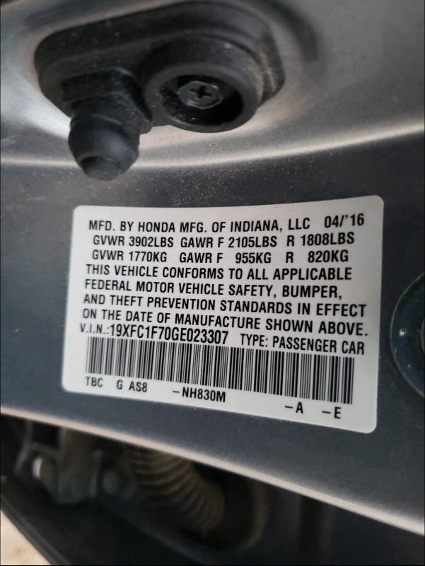 2016 HONDA CIVIC EXL 19XFC1F70GE023307