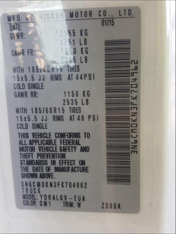 2015 NISSAN NV200 2.5S 3N6CM0KN3FK704962