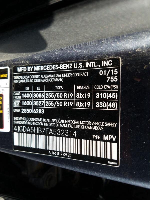 2015 MERCEDES-BENZ ML 350 4MA 4JGDA5HB7FA532314