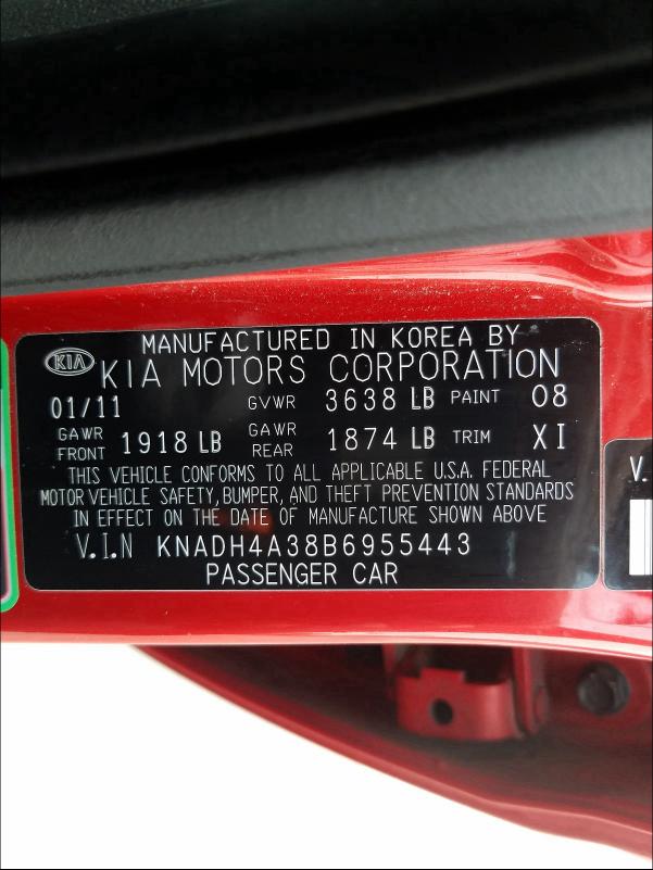 2011 KIA RIO BASE KNADH4A38B6955443