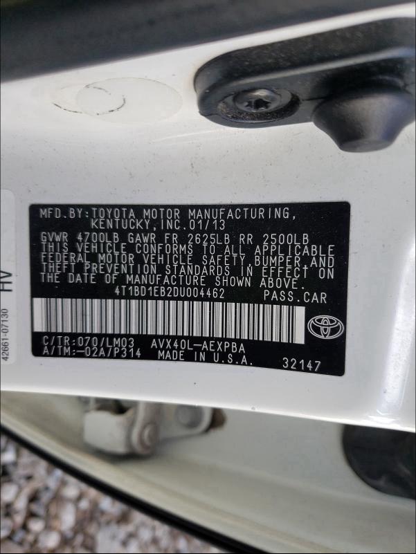 2013 TOYOTA AVALON HYB 4T1BD1EB2DU004462
