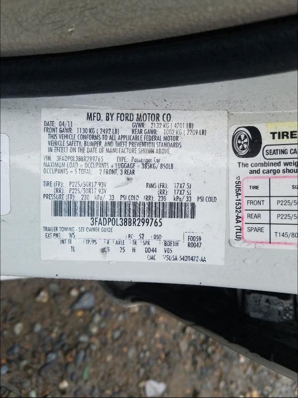 2011 FORD FUSION HYB 3FADP0L38BR299765